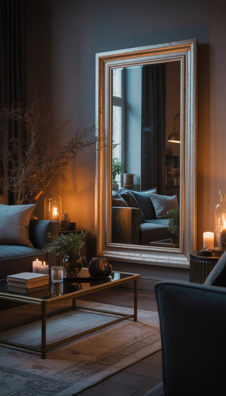 A moody living room with dark furniture and an aged gold framed mirror on the wall.