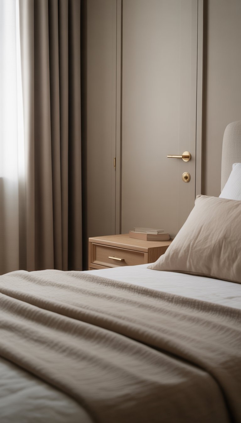 A neutral-toned bedroom with a bed, wooden nightstand, and a door, all featuring minimal brass hardware.