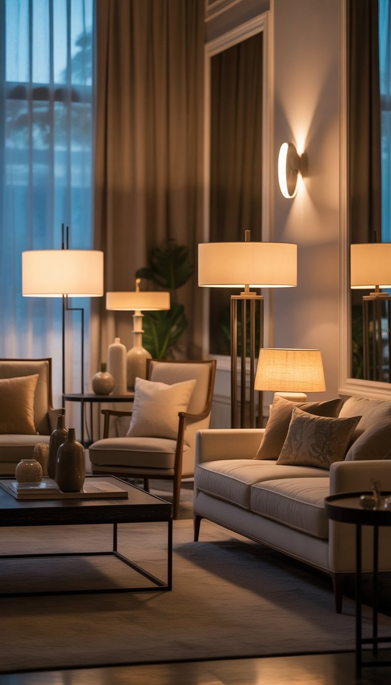 A spacious living room with sofas, armchairs, and multiple lamps providing warm layered lighting.