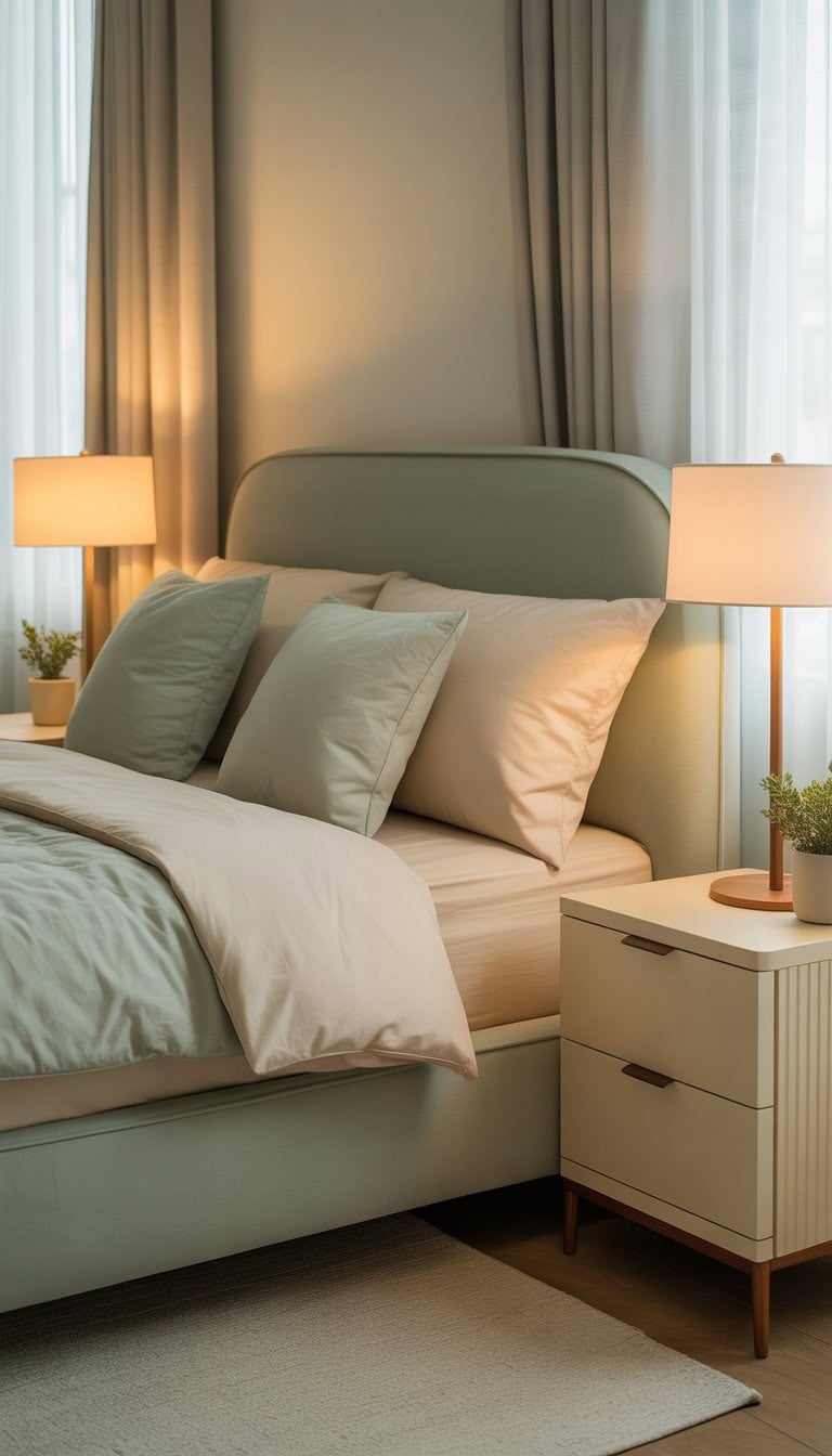 A bedroom with a sage green bed flanked by two cream nightstands, each holding a lamp and a small plant.