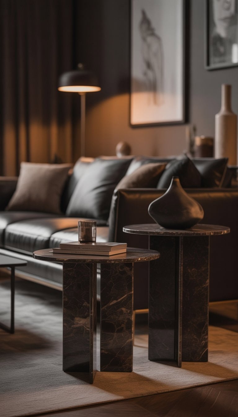 A cozy living room with dark marble side tables, a plush sofa, warm lighting, and elegant decor.