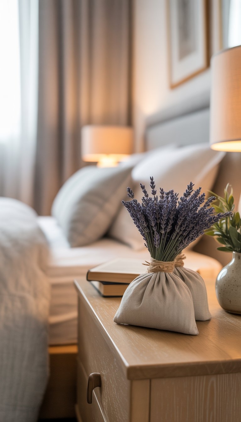 Lavender sachets placed on wooden nightstands in a calm, neutral-colored bedroom with soft natural light.