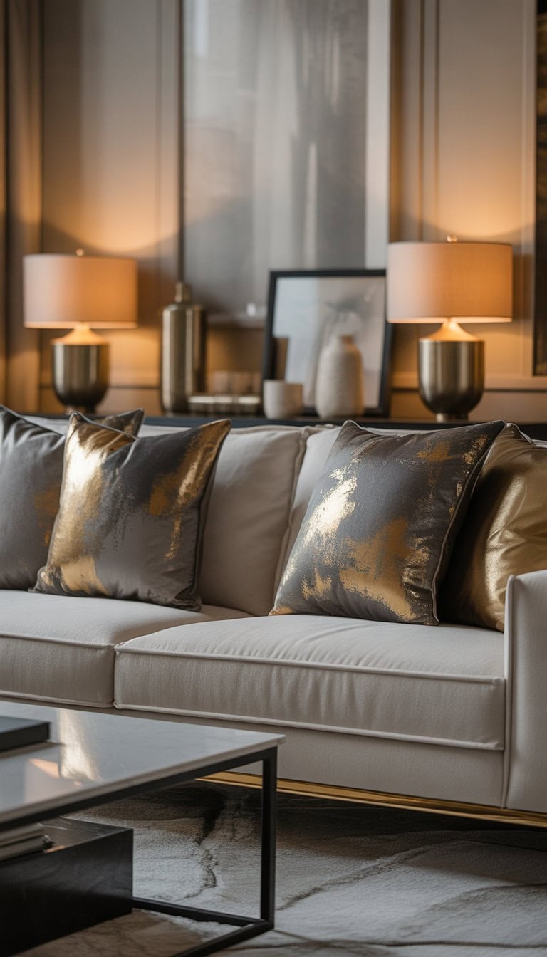 A living room with a sofa decorated with plush throw pillows that have metallic accents.