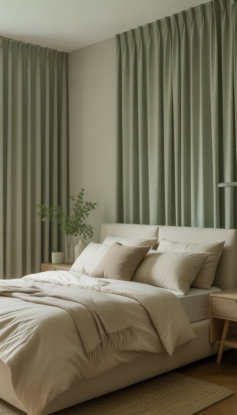 A bedroom with sage green curtains, a cream-colored bed, soft pillows, and natural light coming through the window.