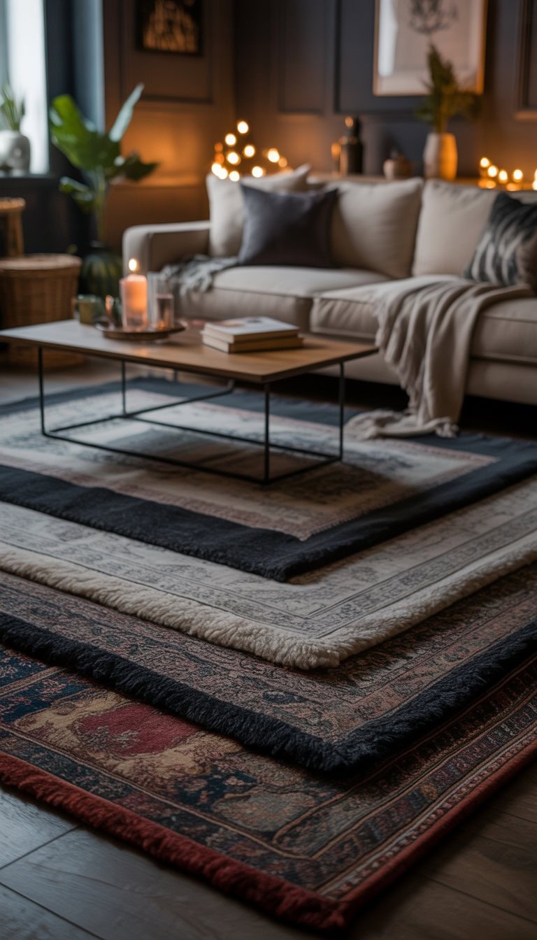 A cozy living room with layered rugs, a sofa, coffee table, plants, and warm lighting creating an inviting atmosphere.