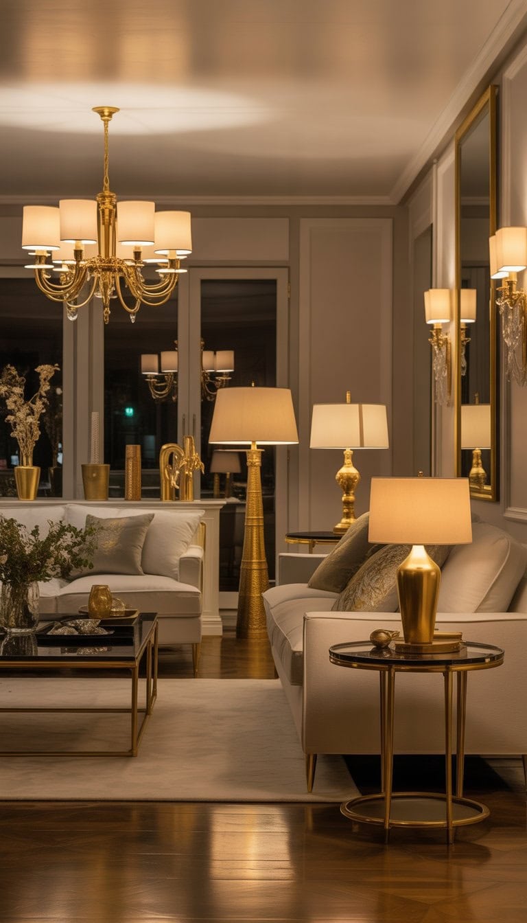 A spacious living room with a comfortable sofa, coffee table, brass lighting fixtures, and decorative accents.
