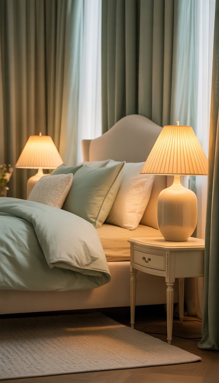 A bedroom with cream lampshades casting warm light, sage green bedding, and a cozy, inviting atmosphere.