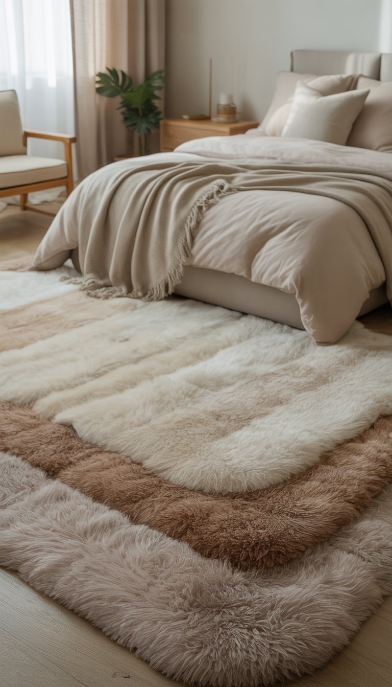 A peaceful bedroom with layered soft rugs on the floor, a neatly made bed, and natural light coming through sheer curtains.