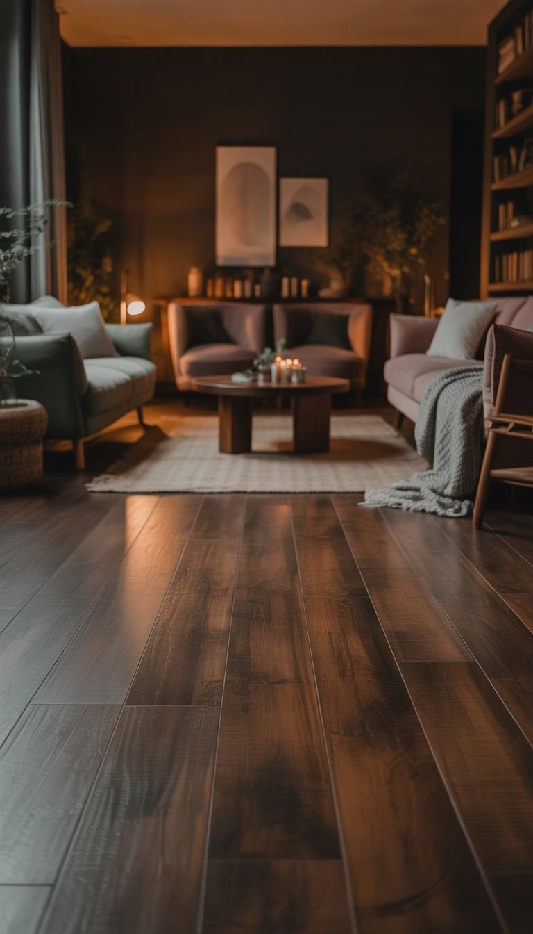 A living room with dark stained wood flooring, comfortable seating, and warm ambient lighting.