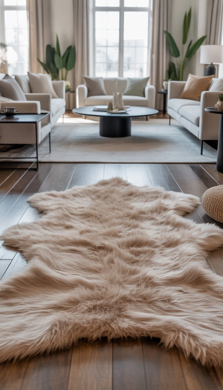 A spacious living room with a large soft faux fur rug in the center surrounded by sofas and natural light coming through windows.