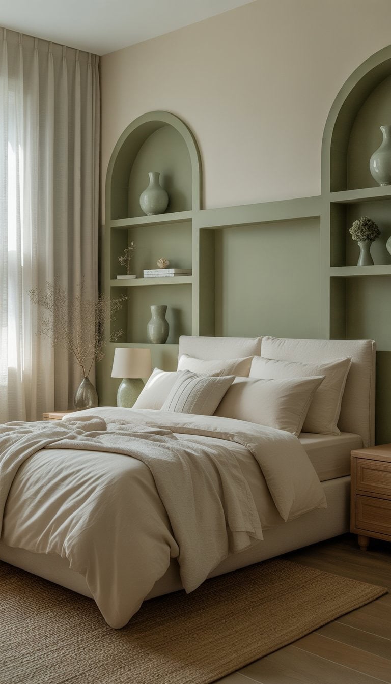 A bedroom with a bed, cream linens, and sage green vases as decorative accents on bedside tables.