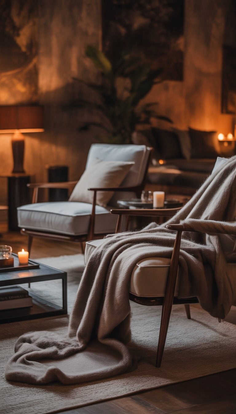 A living room with soft mohair throws draped over chairs, warm lighting, and cozy decor.