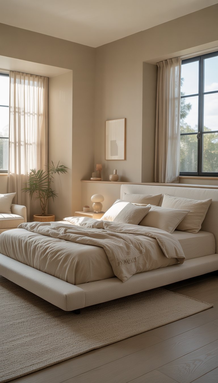 A peaceful bedroom with a low platform bed, neutral colors, soft natural light, and minimal decor.