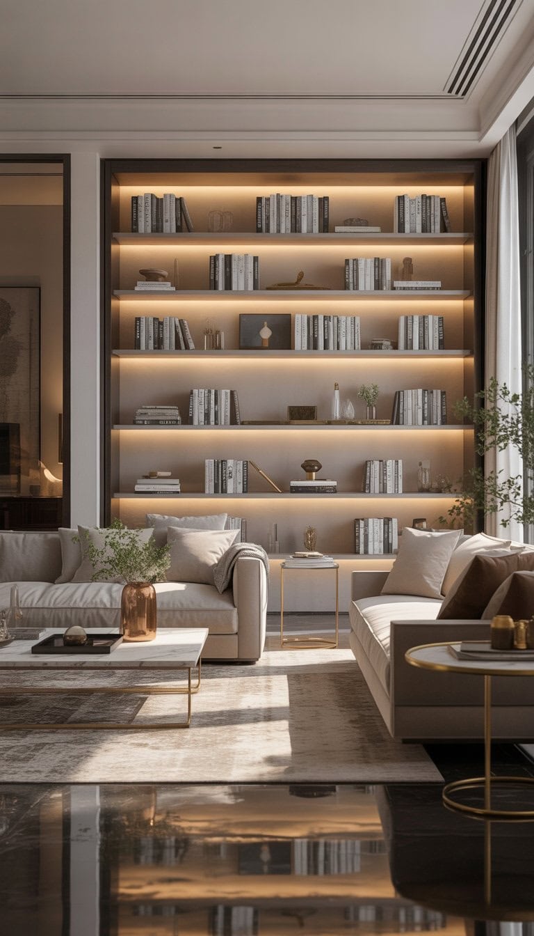 A spacious living room with built-in bookshelves softly lit by hidden lights, comfortable sofas, a coffee table, and large windows letting in natural light.