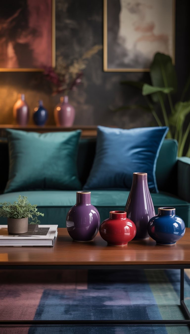 A living room with a dark sofa, colorful ceramic vases on a wooden table, soft warm lighting, and decorative cushions.