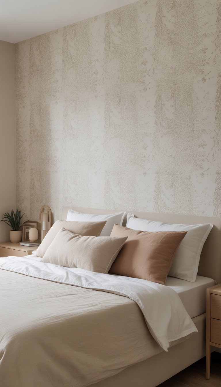 A peaceful bedroom with a bed against an off-white textured wallpaper feature wall, soft natural light, and simple bedside tables.
