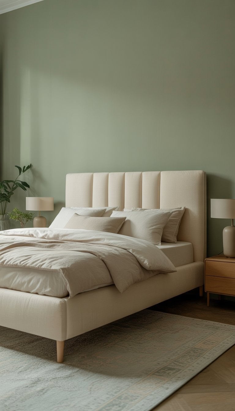 A bedroom with a cream upholstered bed frame, sage green walls, soft bedding, bedside tables with lamps, and potted plants.