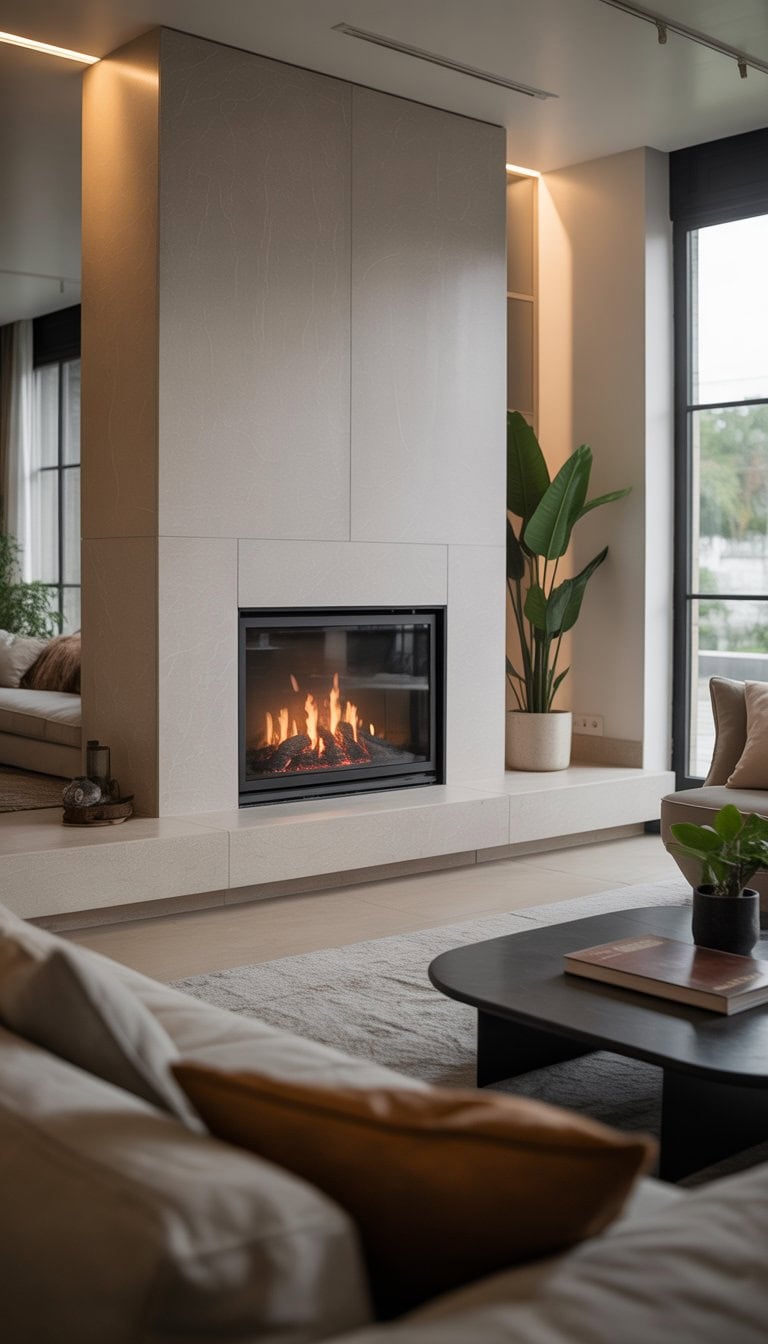 A modern living room with a contemporary fireplace and comfortable seating, illuminated by natural light from large windows.