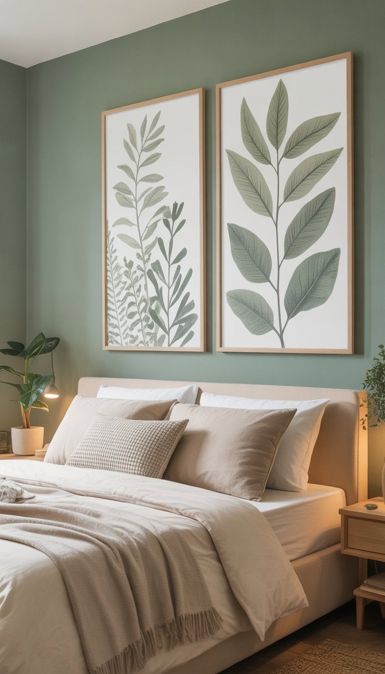 A bedroom with sage green botanical wall art above a cream bed, featuring soft natural light and simple decor.