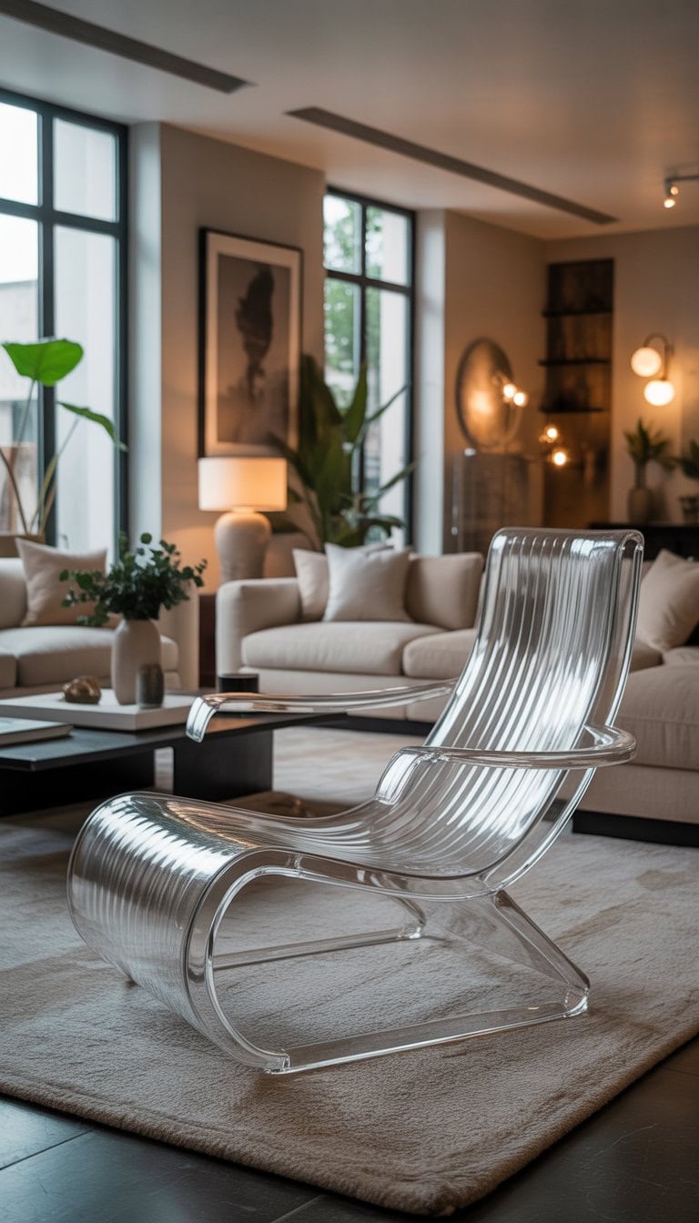 A spacious living room with a transparent acrylic lounge chair, sofas, coffee table, plants, and large windows letting in natural light.