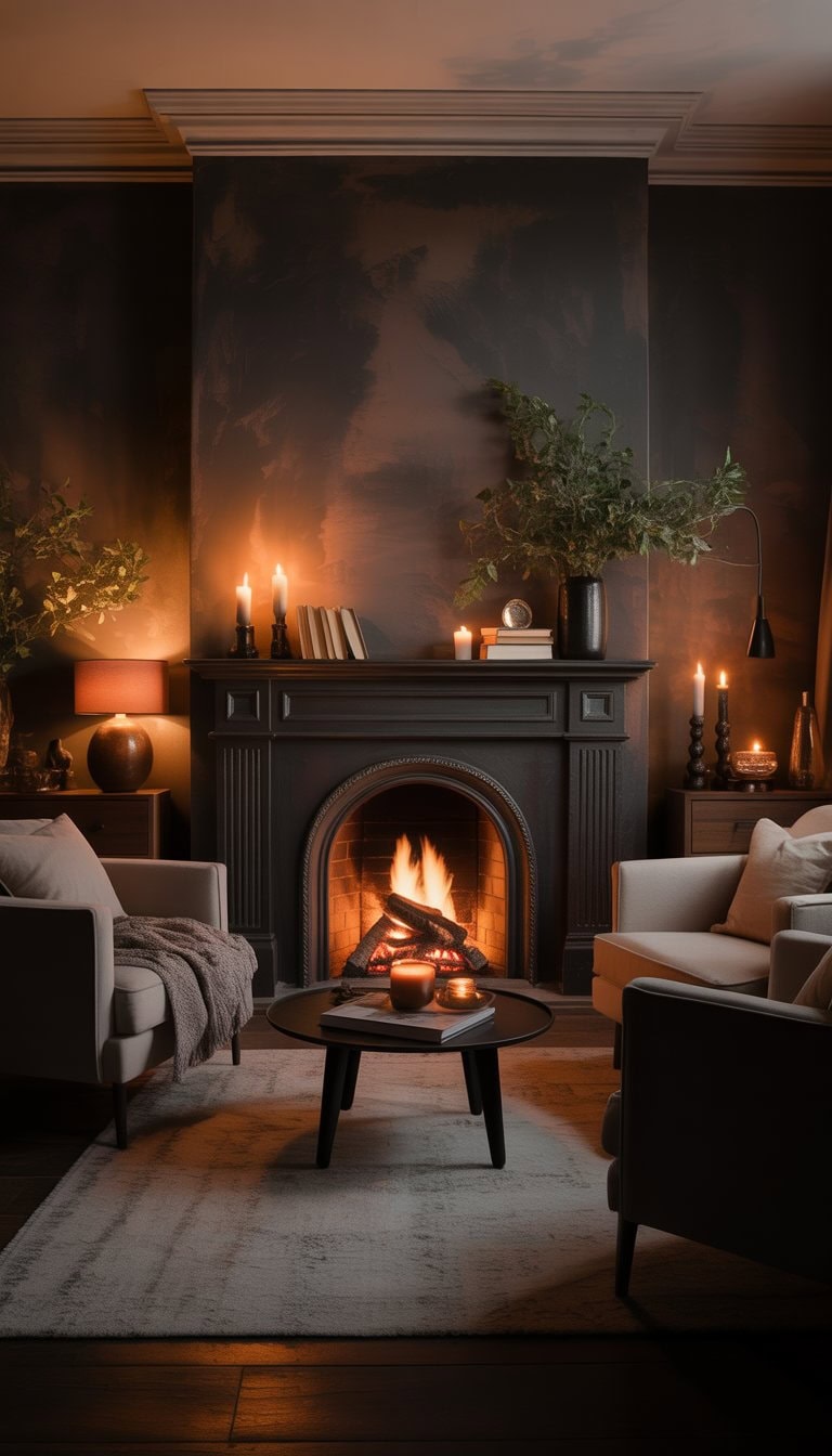 A living room with a fireplace that has a blackened mantel, surrounded by comfortable seating and warm lighting.