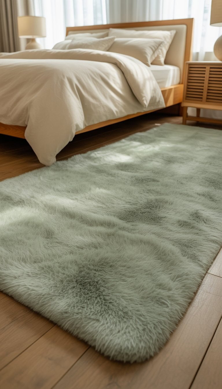 Bedroom with a plush sage green area rug on hardwood floors and a bed with cream bedding.