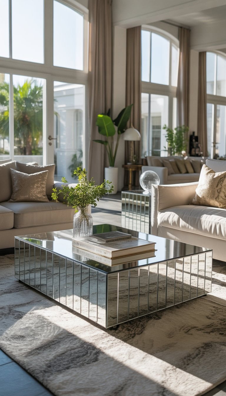 A spacious living room with mirrored furniture reflecting natural light, featuring sofas, a coffee table, plants, and large windows.