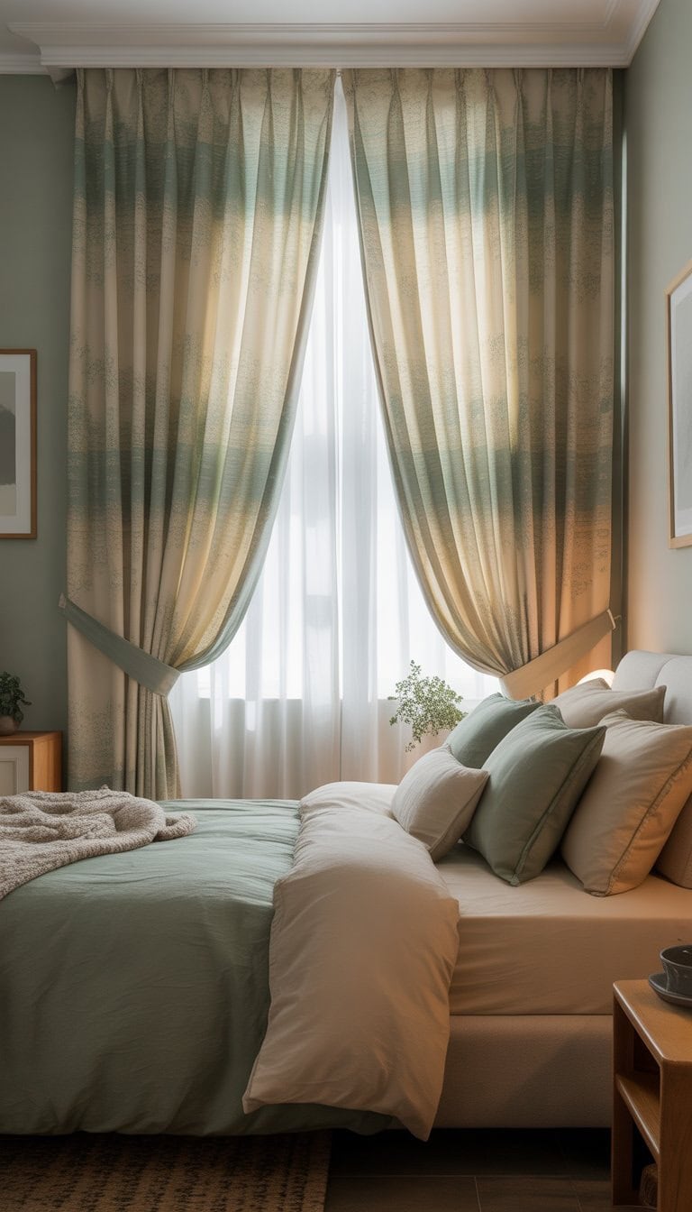 A bedroom with sage green and cream patterned curtains, a made bed with matching bedding, and natural light coming through the window.