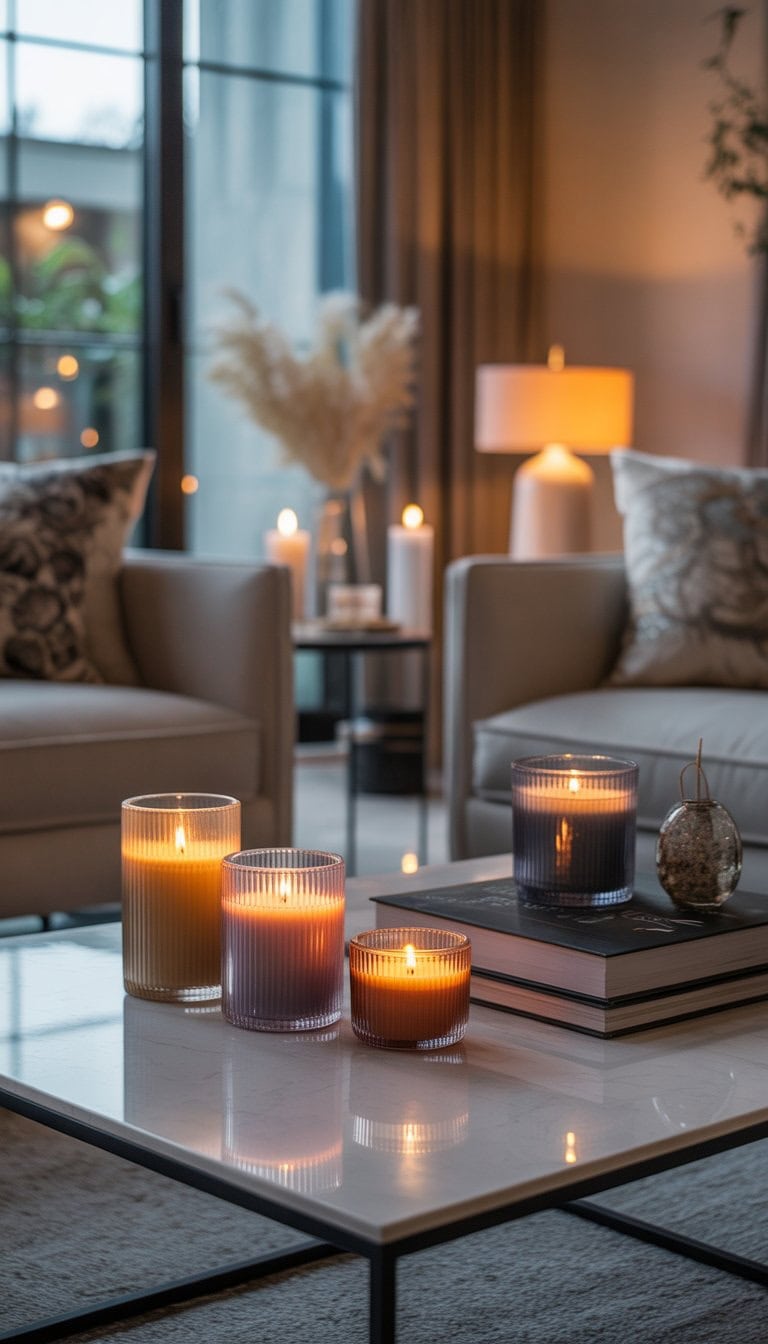 A living room with elegant scented candles in holders on tables surrounded by sofas and decorative items.