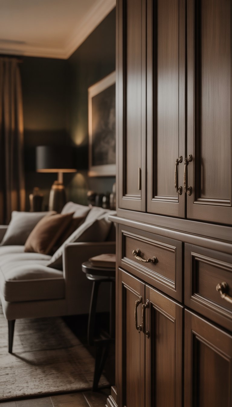 A living room with dark wooden cabinetry featuring antique brass handles, surrounded by comfortable seating and warm ambient lighting.