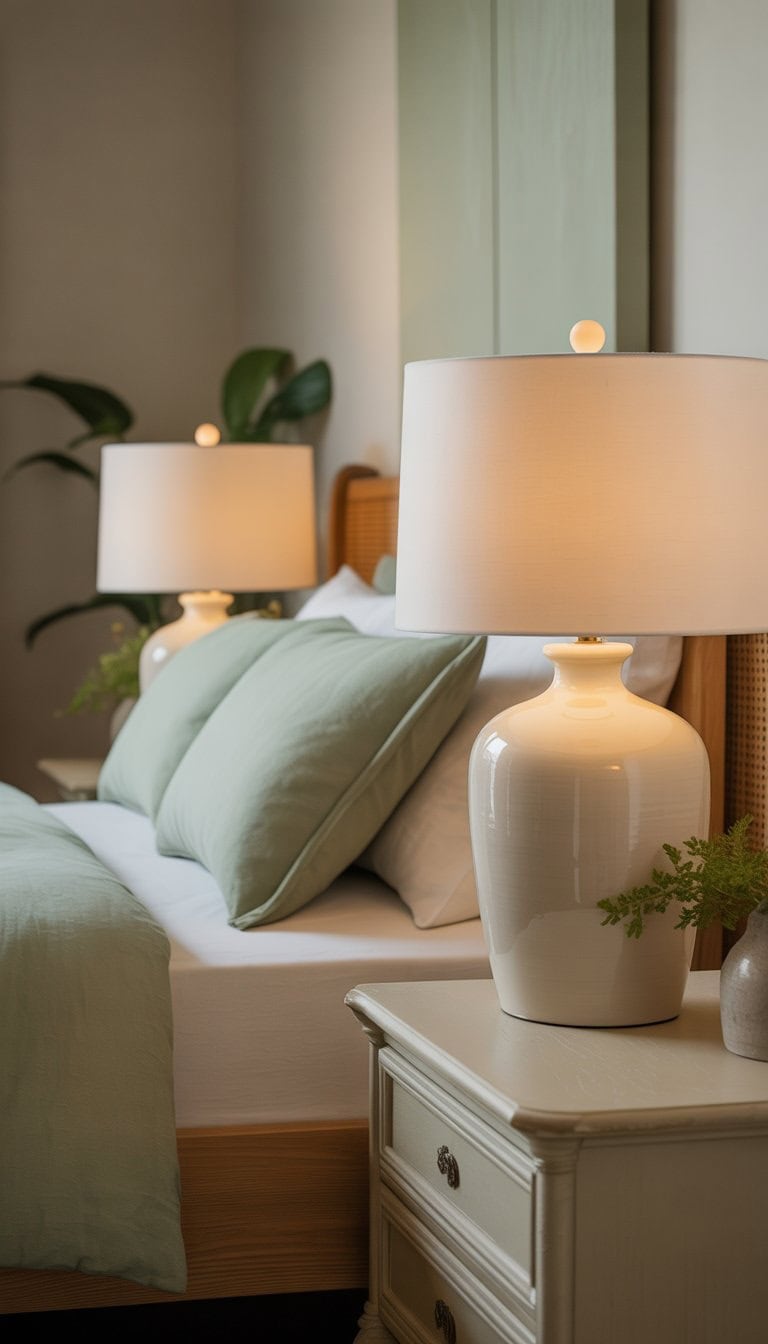 A bedroom with cream ceramic table lamps with green accents on bedside tables next to a bed with green and cream bedding.