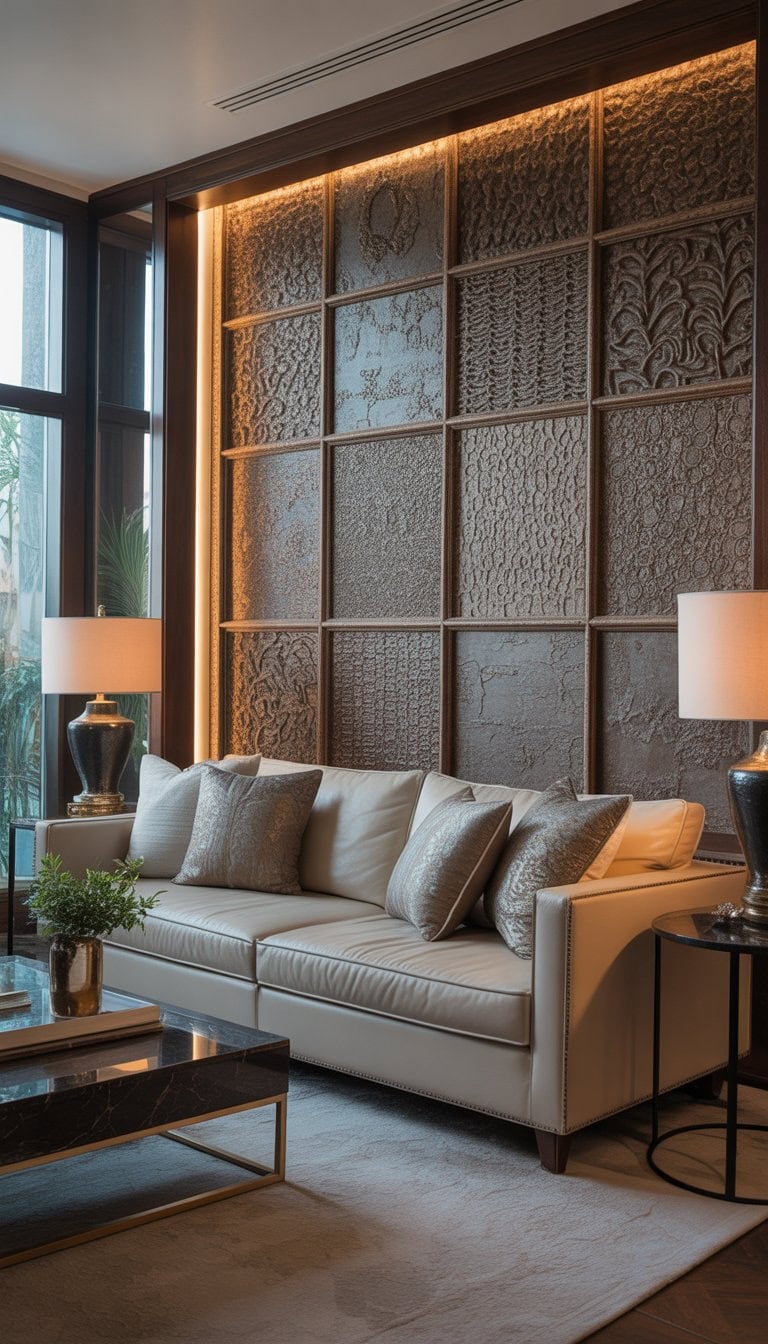 A spacious living room with a textured feature wall, sofa, coffee table, and large windows letting in natural light.