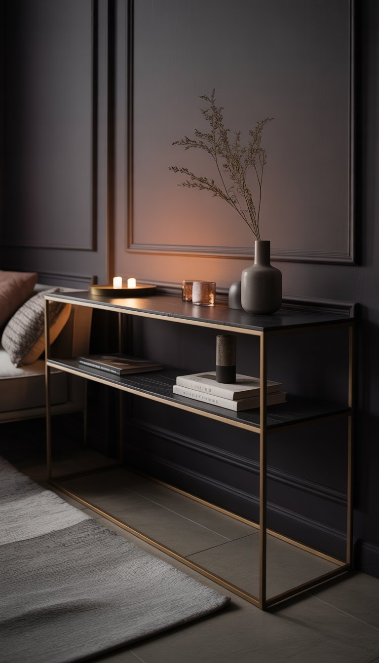 A living room with a dark console table against a dark wall, decorated with a vase, books, and a candle, surrounded by comfortable seating.