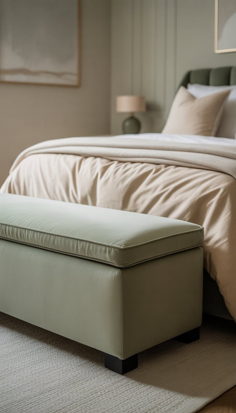 A bedroom with a sage green bench at the foot of a bed with cream-colored bedding.