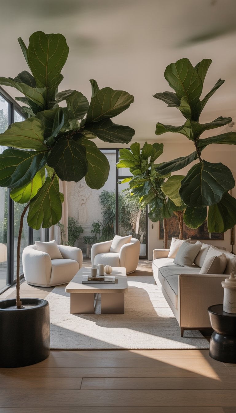 A spacious living room with large fiddle-leaf fig plants, comfortable seating, and natural light coming through windows.
