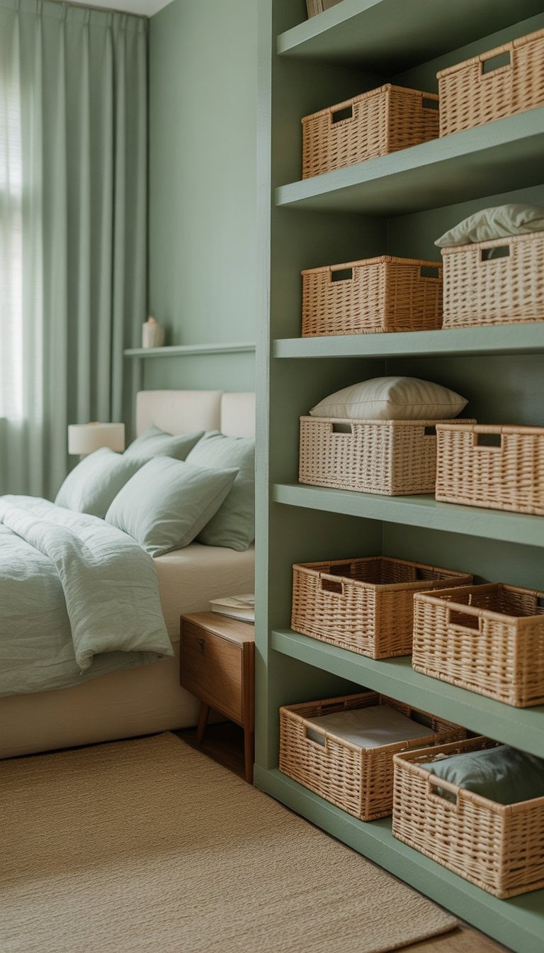 A bedroom with sage green walls and cream-colored woven baskets used for storage, featuring a neatly made bed and soft natural light.