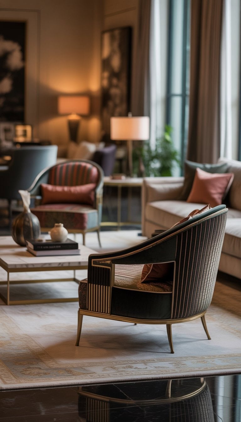 A luxurious living room with two elegant accent chairs, a coffee table, a sofa, and decorative items in a bright, spacious setting.