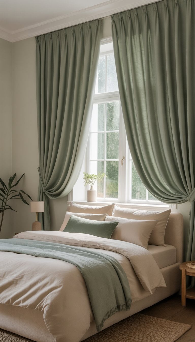 A calm bedroom with sage green drapes, a neatly made bed with cream bedding, and soft natural light coming through the window.