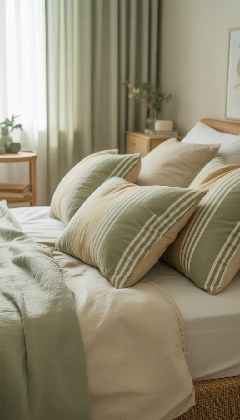 A bedroom with a bed featuring cream and sage green striped cushions, soft natural lighting, and simple decor.