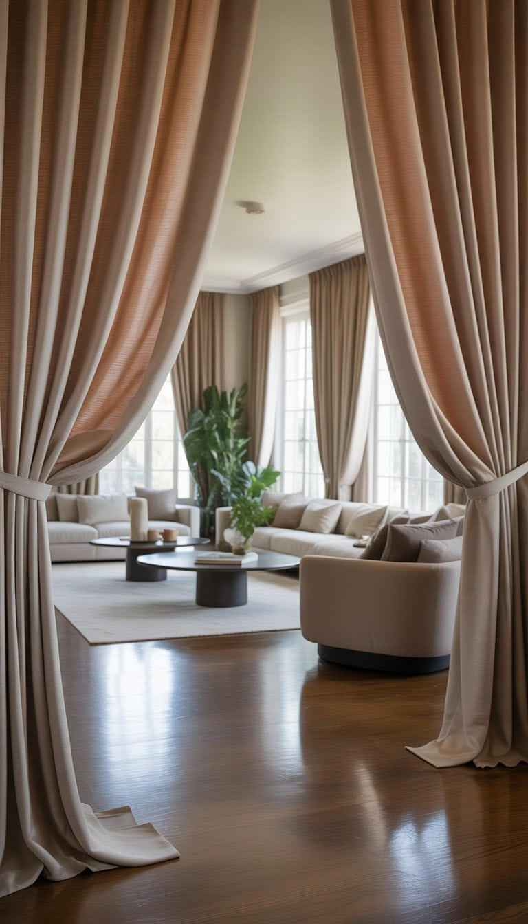 A bright living room with large windows covered by smooth, elegant curtains, comfortable sofas, a coffee table, and indoor plants.