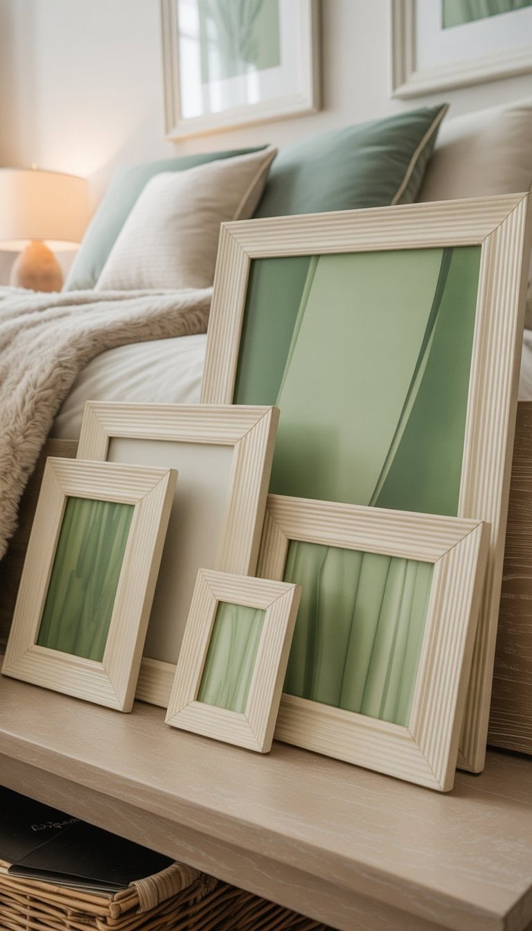 A shelf with cream photo frames displaying green artwork in a bedroom with matching green and cream decor.