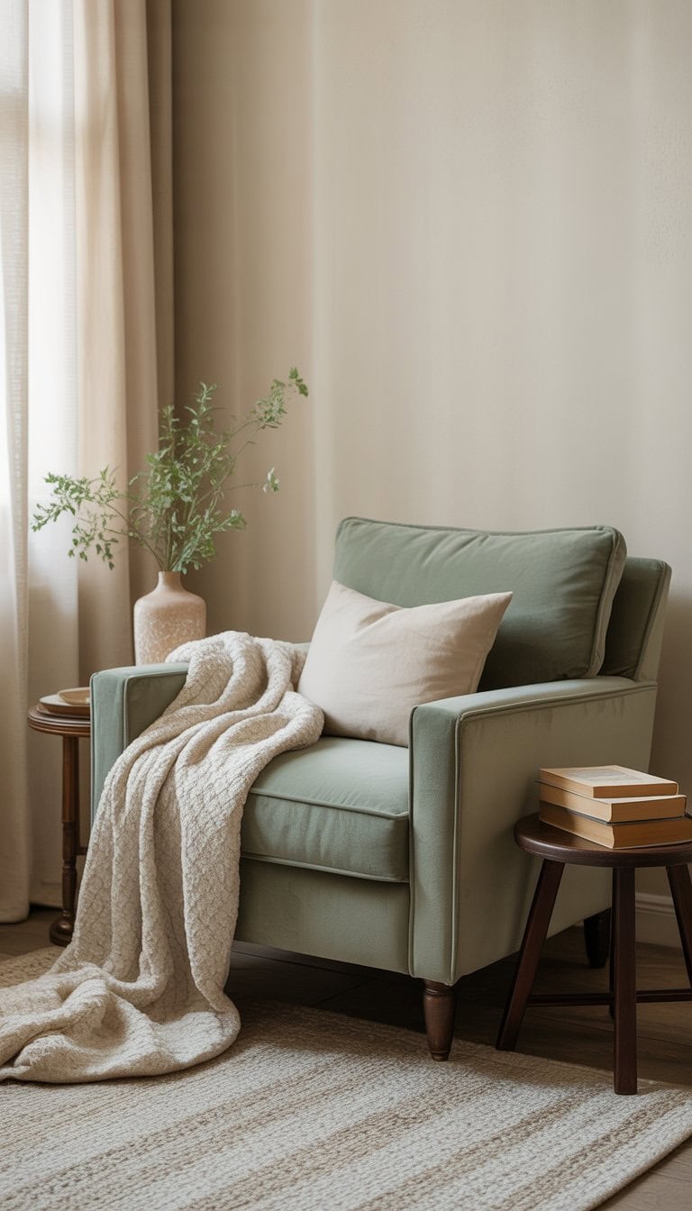 A sage green armchair next to a small table with books and a vase, in a softly lit room.