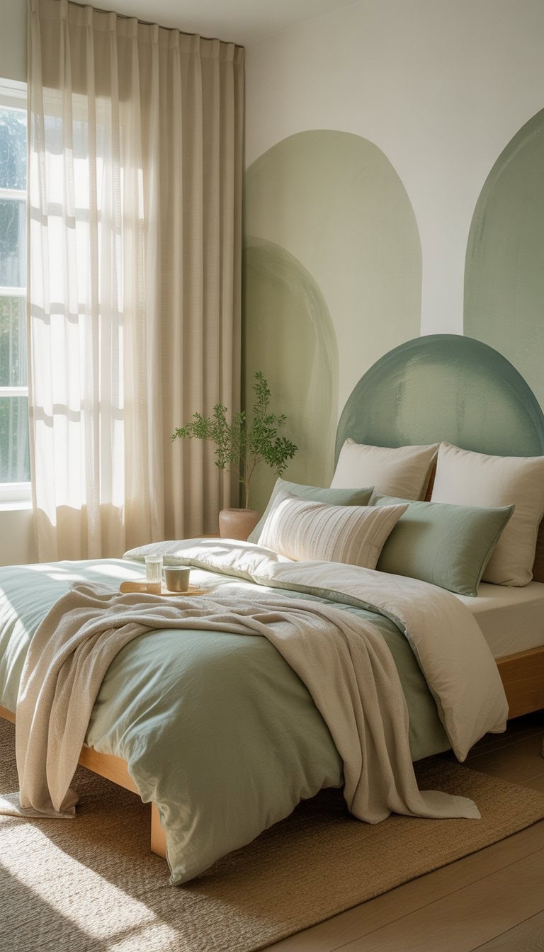 A bright bedroom with cream-colored sheer curtains letting in natural light, a bed with sage green and cream bedding, and wooden furniture.