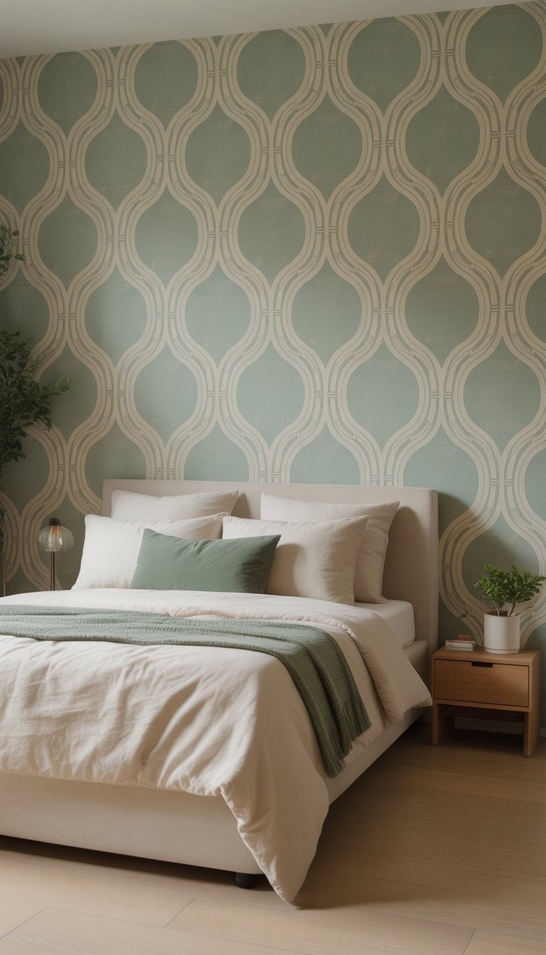 A bedroom with sage green and cream geometric wallpaper, a bed with cream linens and green pillows, a wooden nightstand with a plant and lamp, and natural light filling the room.