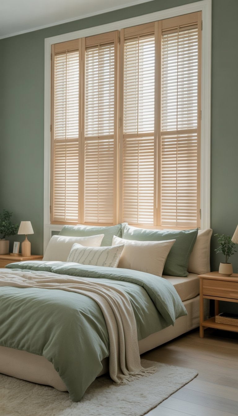 A bedroom with cream-colored wooden blinds, sage green walls, a neatly made bed with green and cream bedding, wooden nightstands, and soft natural light.