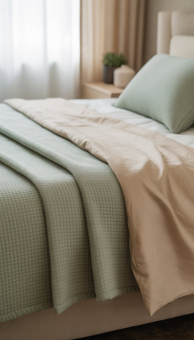 A bed with a sage green quilt layered over cream sheets in a bright bedroom.