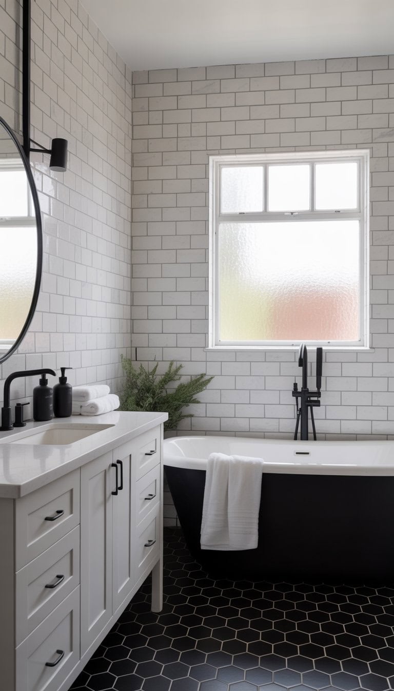 A modern bathroom with a freestanding bathtub, black and white tiles, a vanity with a mirror, and natural light coming through a window.