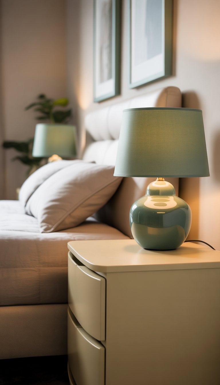 A bedroom with two sage green lamps on cream nightstands next to a bed.