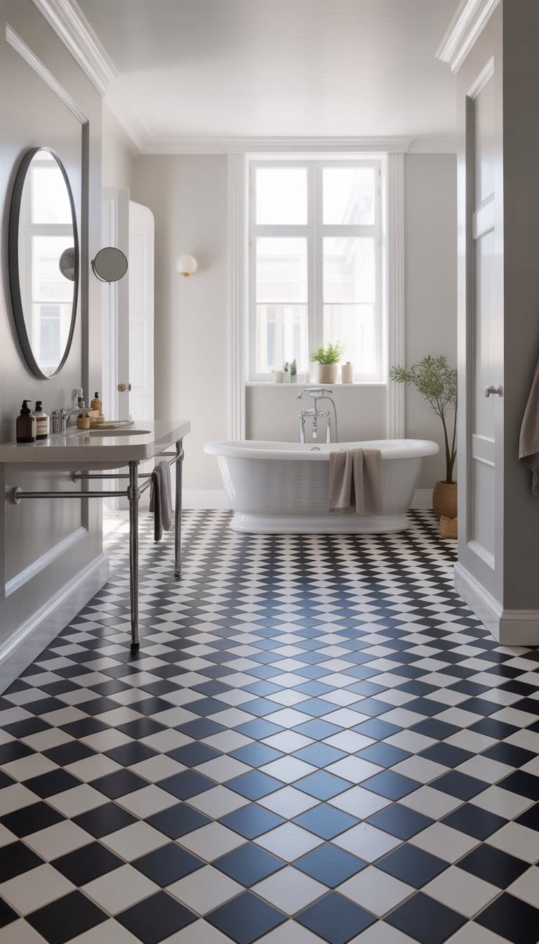 A bright bathroom with black and white checkerboard tile flooring, a white bathtub, a vanity with a round mirror, and a window letting in natural light.