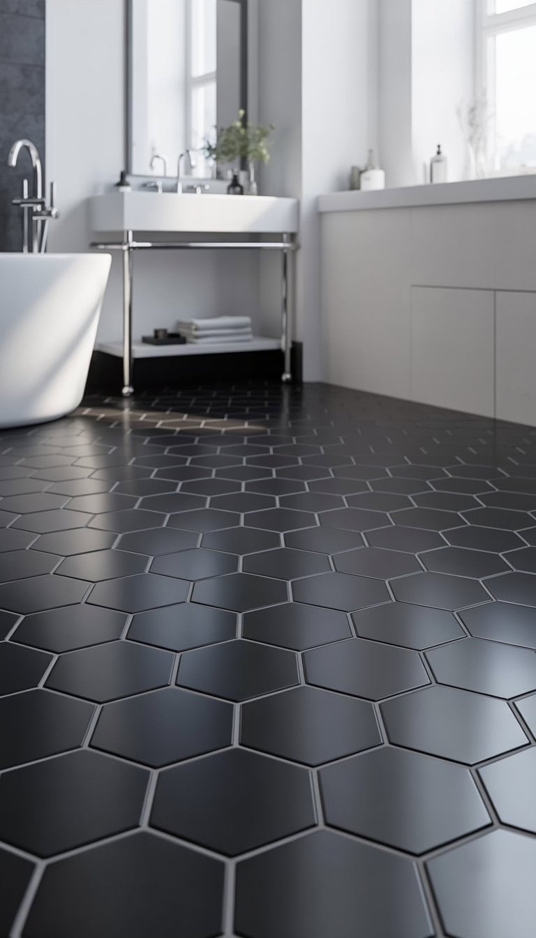 A modern bathroom with black hexagonal floor tiles, white walls, a freestanding bathtub, a sink, and a mirror.